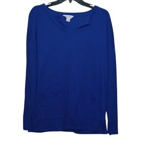 Liz Claiborne Womens Royal Blue Notched V-Neck Knit Top Long Sleeve Pockets L